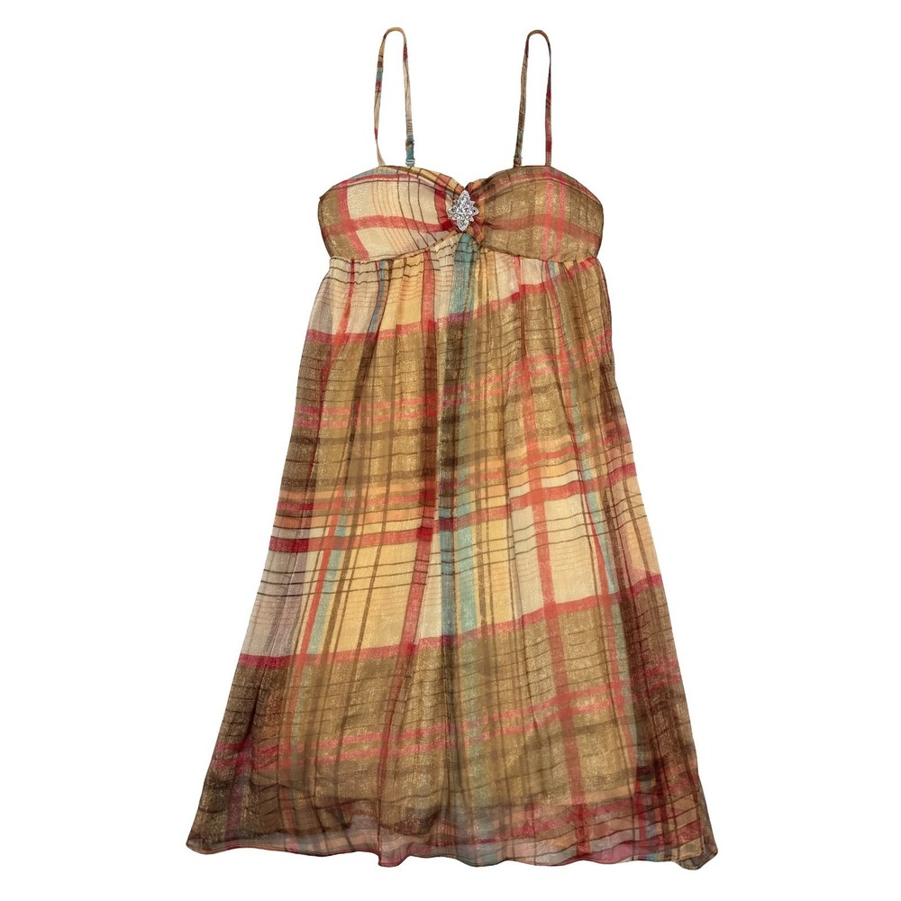 Cathaya Sundress Dress Size Medium NWT Rhinestone Accent Plaid Earthtones